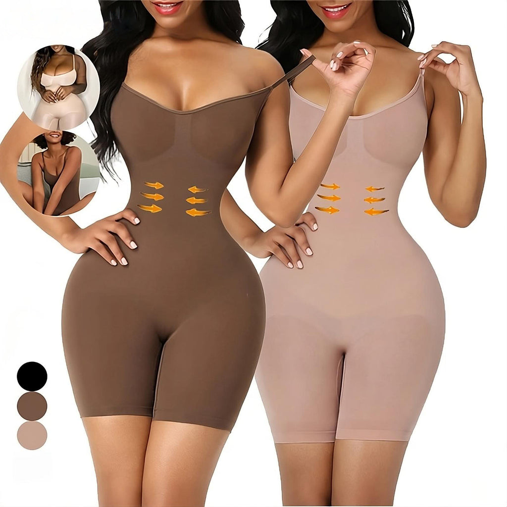 Two women wearing shapewear with inset showing a woman in a swimsuit.