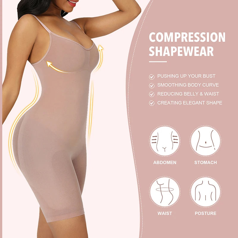 Compression shapewear with features listed on a pink background