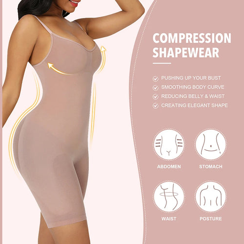 Compression shapewear with features listed on a pink background