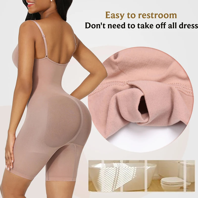 Woman wearing a beige shapewear garment with text indicating ease of use and comfort.