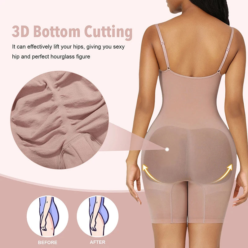 Body shaper with text highlighting 3D bottom cutting feature on a pink background