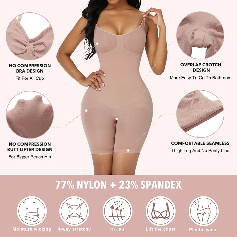 Woman wearing a beige shapewear product with features highlighted on a white background.