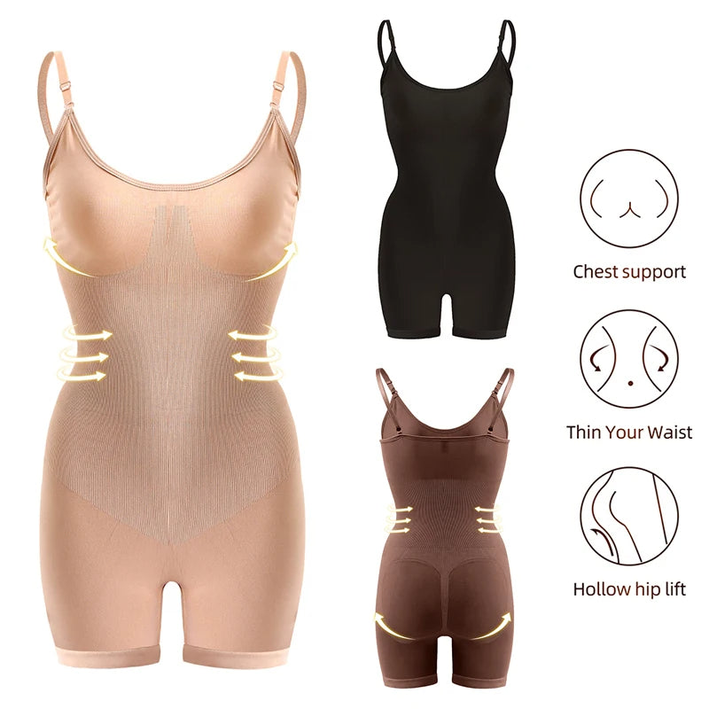 Three shapewear garments in beige, black, and brown with icons indicating features on a white background.