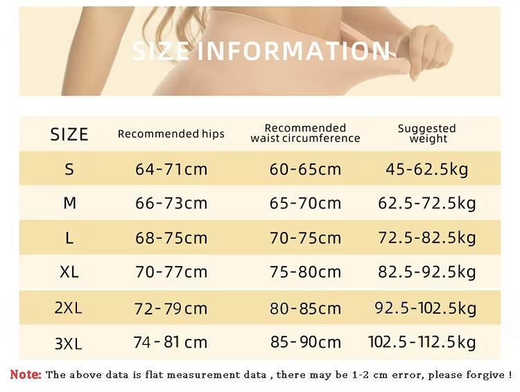 Size chart for clothing with recommended measurements and suggested weights.