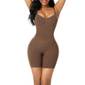 Brown shapewear bodysuit worn by a model on a white background